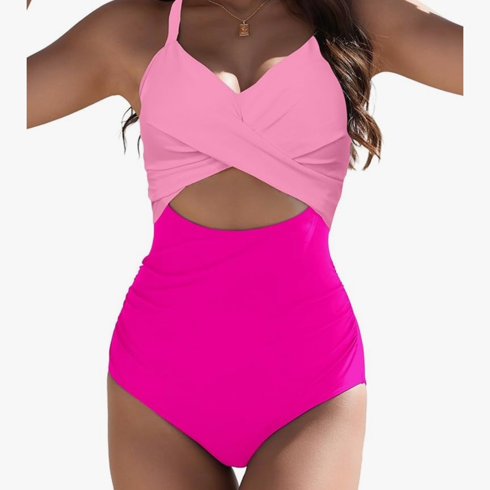 Pink Color-Block One Piece Swimsuit with Cutout Detail